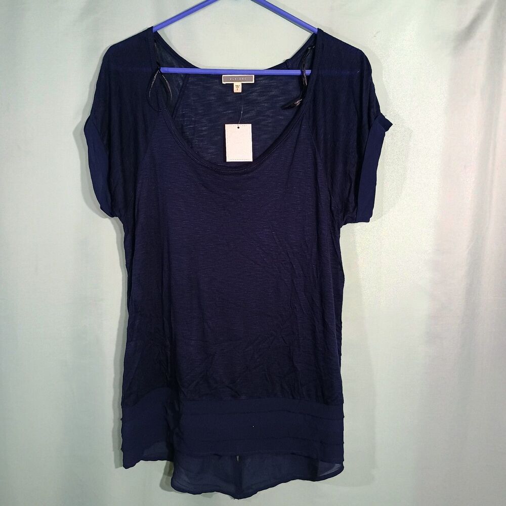 Women’s Navy Blue Tunic Top – Scoop Neck Short Sleeve Layered Hem Blouse